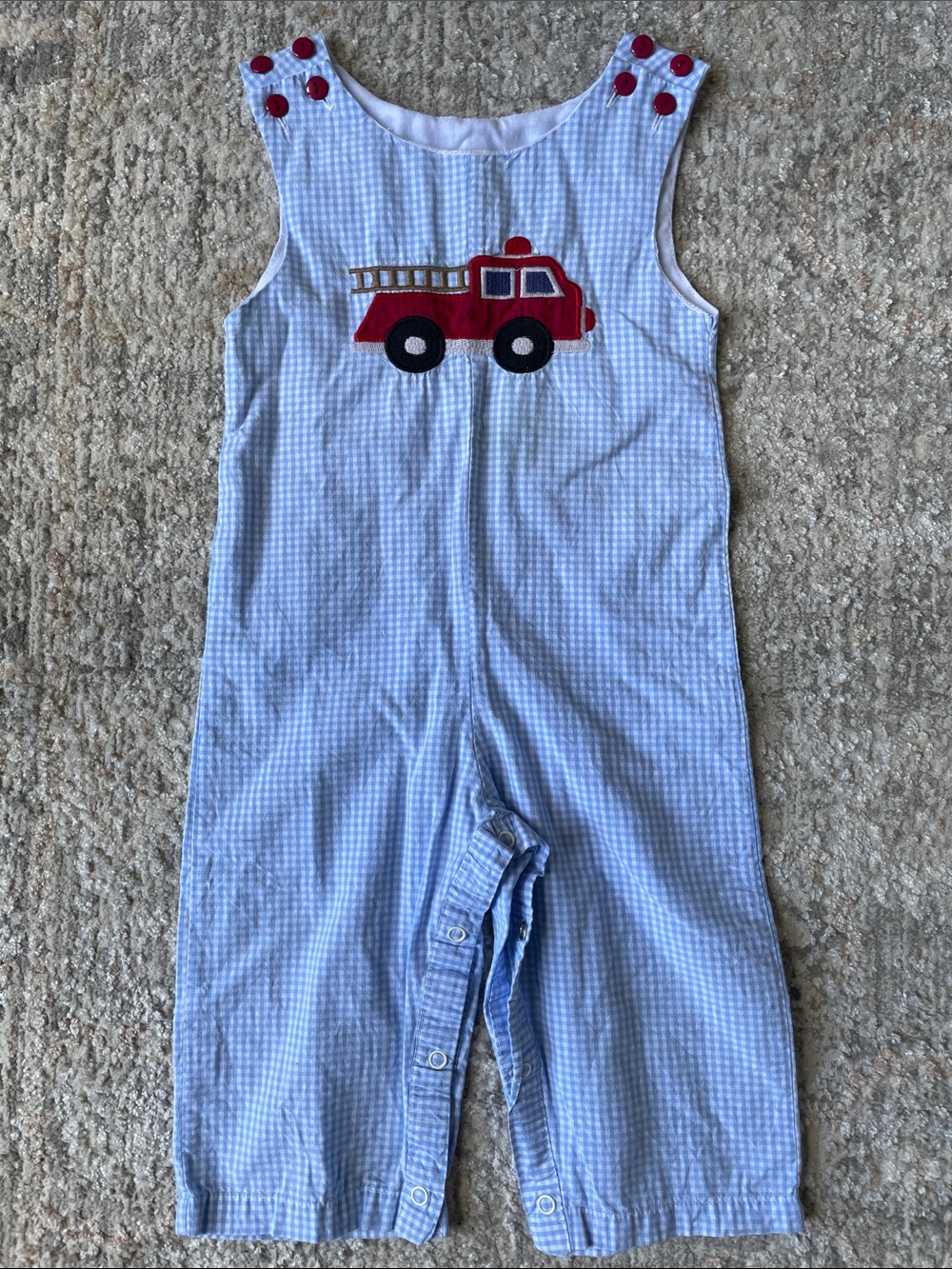 Vintage Fire Truck Romper Blue Gingham